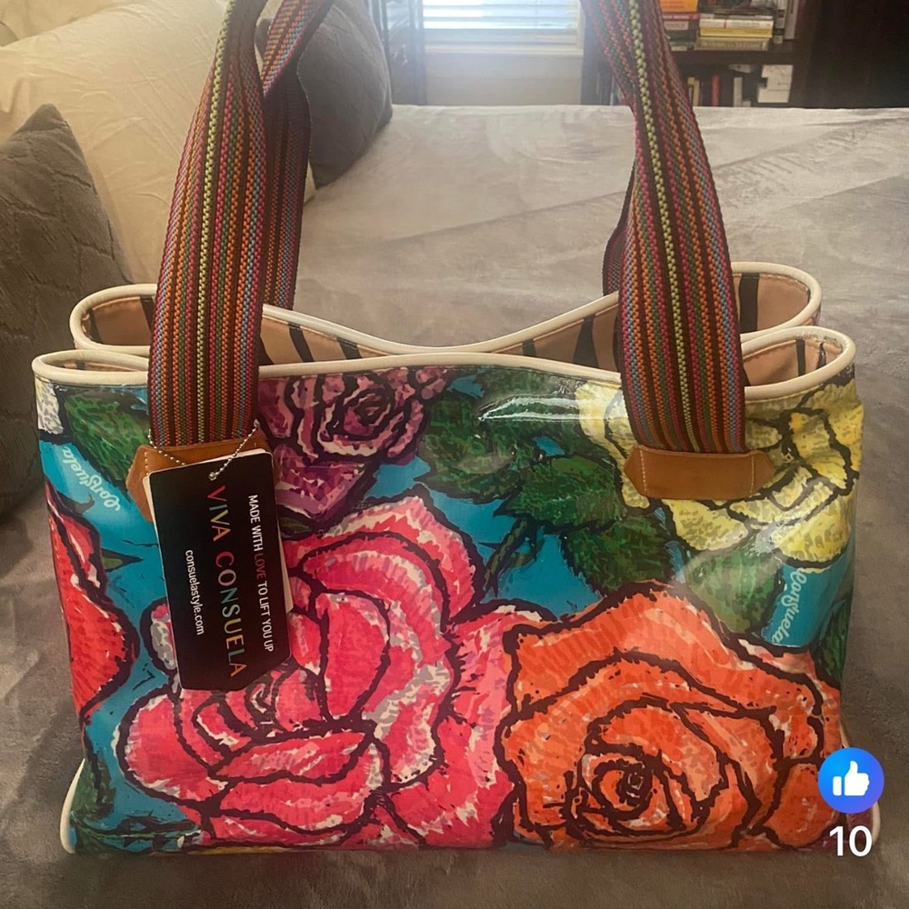 Consuela Multicolor Floral Patent Tote with Striped Handles
